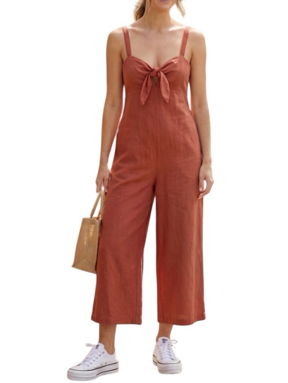 Express jumpsuit Linen-Blend Tie Front Culotte Romper Resortwear cottagecore